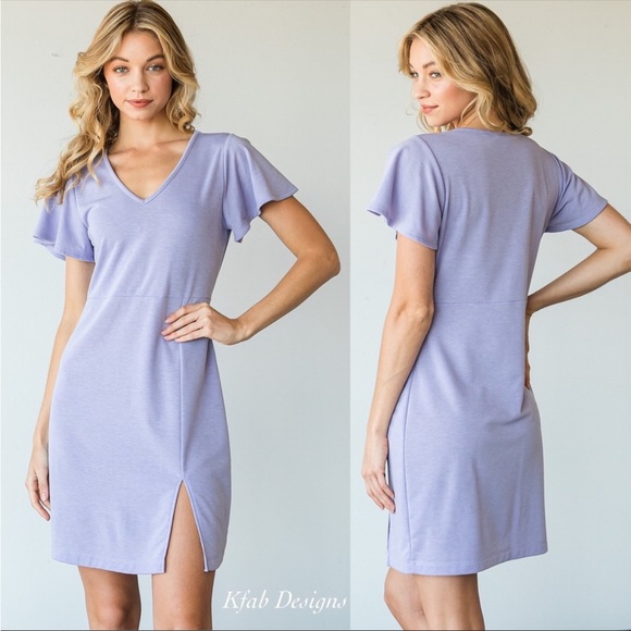 KFab Designs V-Neck Knit Side Slit Dress in Vintage Lavender - Picture 1 of 9